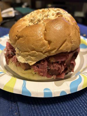 Lodge roast beef onion roll barbecue sauce, American cheese