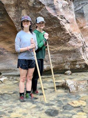 Hiking the narrows with shoes, socks, and poles from Zion Guru