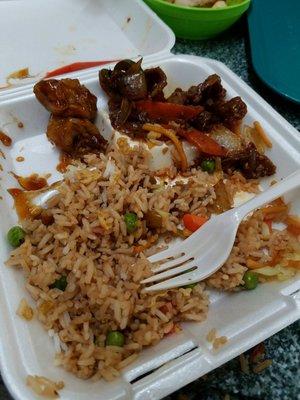 Delicious orange chicken Spicy beef that is awesome and actually spicy Good rice and noodles