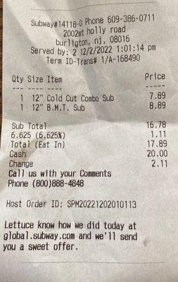 Receipt showing $7.89 for a bologna sandwich.