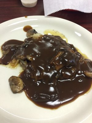 Hamburger Steak. Not the prettiest but it is YUM.