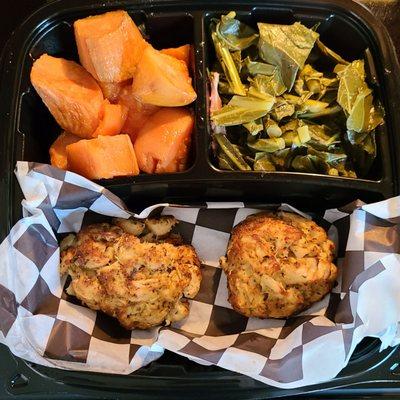 2'5'2021 Double Lump Crab Cake Entrée w Sweet Potatoes and Collards #FirstFRY-DAYFishFry