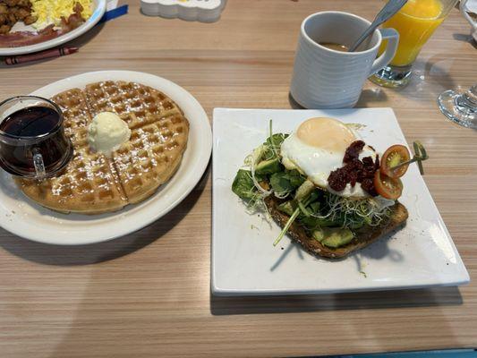 Avocado toast with over easy egg and waffle