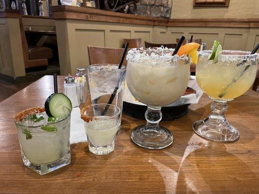 Cucumber jalapeño margarita, lime drop shot, coconut margarita and the millionaire margarita.