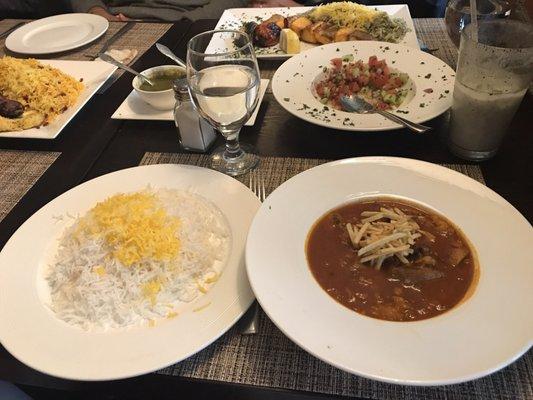 Vegetarian Gheymeh and rice (shirazi in back)