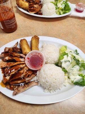 Chicken teriyaki and egg roll lunch special (10.99).