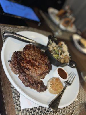 16oz Ribeye ,Whipped Potatoes, Crispy Glazed Brussels Sprouts