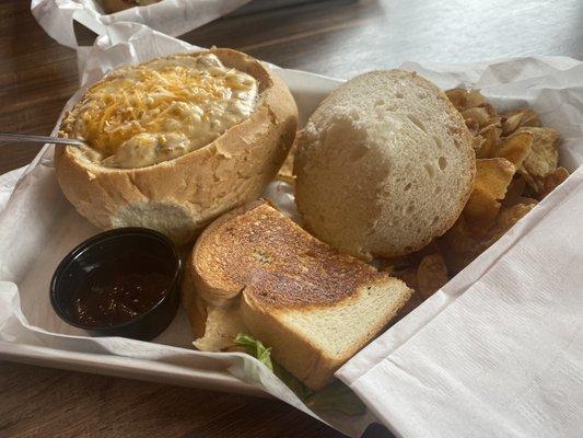 Aloha Chicken and Broccoli Cheese Bread Bowl