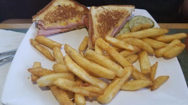 Ham and cheese grilled sandwich with fries