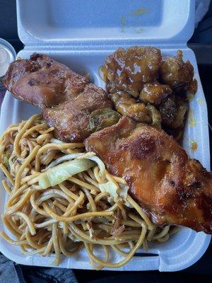 Chow Mein, BBQ chicken and Orange Chicken