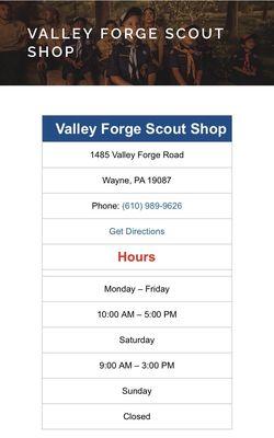 Valley Forge Scout Shop hours