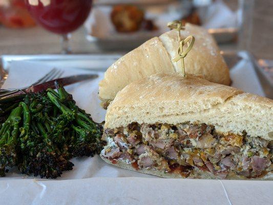 Smoked Chicken Salad Sandwich and roasted broccolini