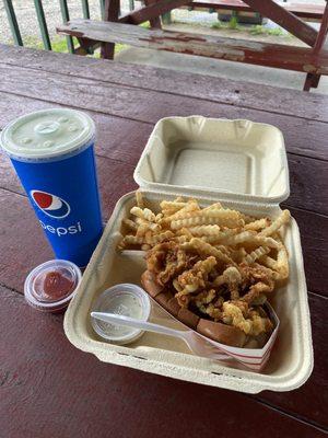 clam sandwich with fries + large homemade lemonade