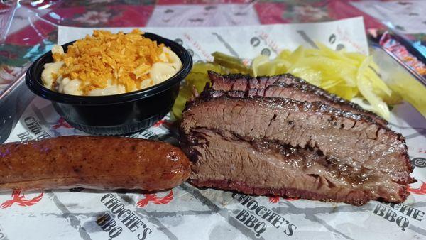 Brisket and Sausage,  Mac n Cheese