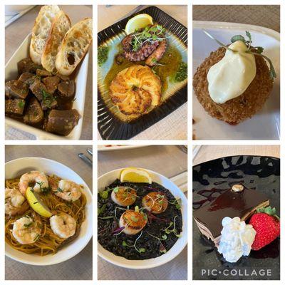 Lengua Salpicao, Pulpo, Chorizo Potato Croquettes, Aligue with Garlic Shrimp, Scallops with Squid ink Risotto, and Opera Cake