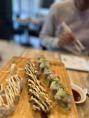 Crunch roll, spicy tuna roll and the one with jalapeno and cilantro cannot recall the name.