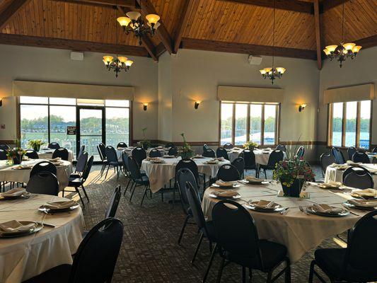 Photo of the main hall set for a Mother's Day Brunch event