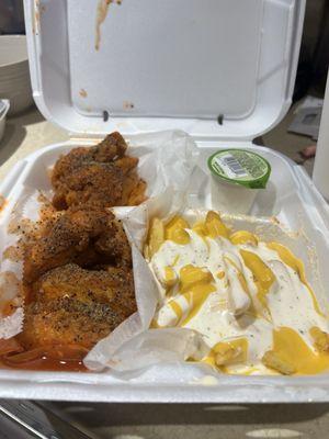 6 Piece hot wings hot sprinkled with garlic pepper and ranch cheese fries