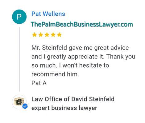 Beautiful review of Board Certified expert business lawyer David Steinfeld of Palm Beach Gardens  www.ThePalmBeachBusinessLawyer.com