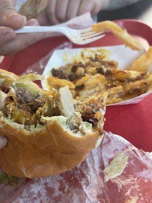 Bronco Burger and chili cheese fries.