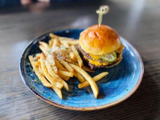 Double smash burger with truffle cheese fries