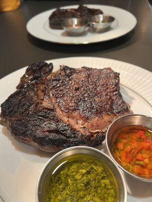 Grass Fed Ribeye Steak 10oz with chimichurri and "parrillera" sauces