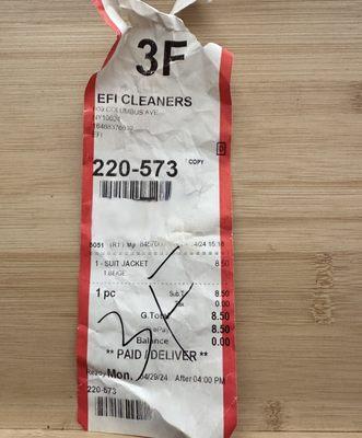 This is the receipt for the Jacket