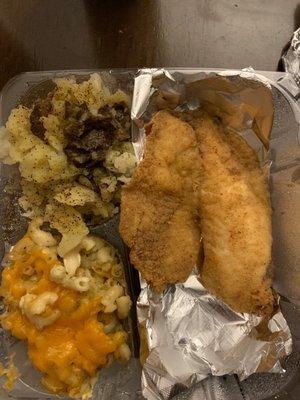 Potatoes, mac n cheese, fish