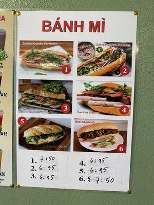 Sandwich Banh Mi Menu