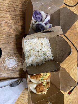 Steamed Vegetable dumplings, coconut garlic rice (side order) and Smack Chicken grub bun