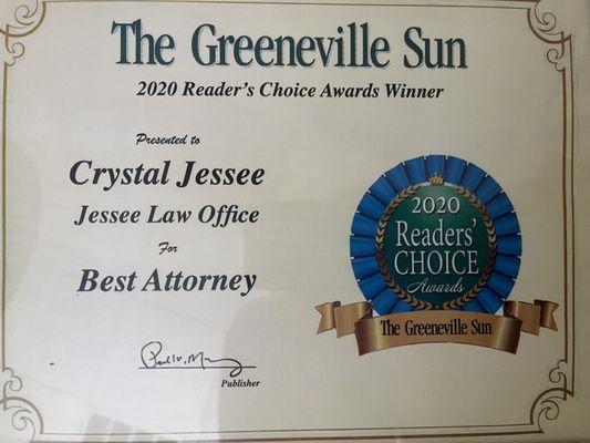 2020 Greenville's Best Attorney award