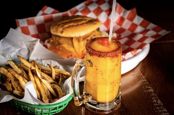 Tostada burger, fries, and a mango margarita!