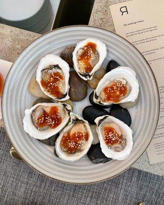 Oysters with strawberry gochujang, blood orange & masago