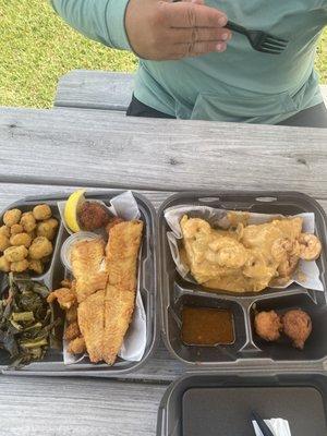 ShrimpnGrits and Fried flounder & oyster plate w/Collards and Okra. Worth the $$