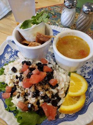 Pasta salad and Chicken tortilla soup (toppings on the side)