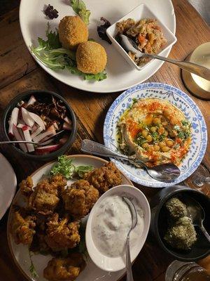 Mujaddara Croquette, Hummus, Cauliflower Fritters, Labneh Balls