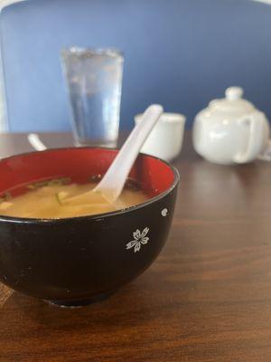 Miso soup; salmon avocado roll & yellowtail scallion regular rolls. A light lunch