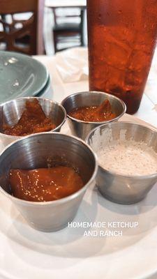 Homemade ketchup (top 2), regular ketchup (bottom left), homemade ranch (bottom right)