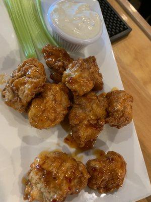 Sweet chili boneless wings with house made blue cheese dressing