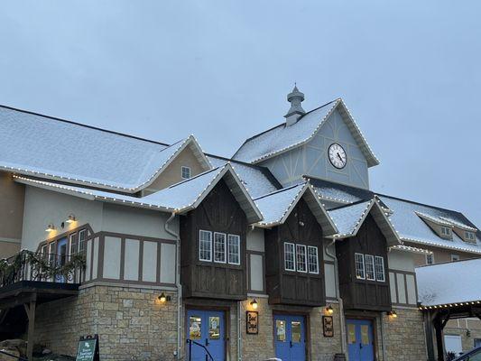 Brewery at dusk with Christmas lights