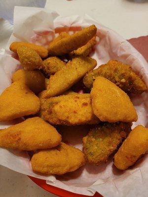 Mac and cheese bites, jalapeno poppers, and fried pickles