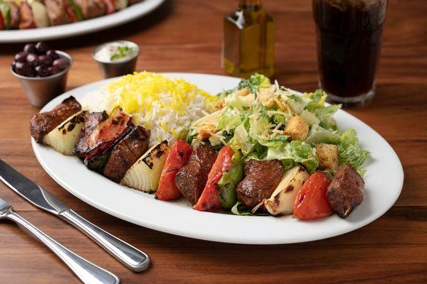 Entree: Flat Iron Steak Kabob (all natural antibiotic & hormone-free) with grilled vegetables and choice of two sides.