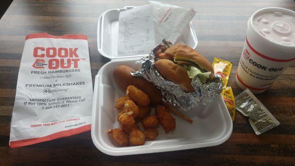 Single burger, fried cheese bites, corn dog, shake.