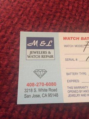 Watch battery warranty card!