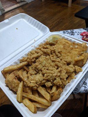 Fish, clam strips and scallops