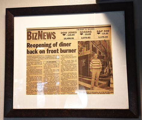 Here is an article about reopening the diner after the events of 9/11 (note the Dow Jones average at about that time)