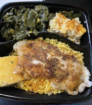 Blackened fish.  Collard greens Mac n cheese