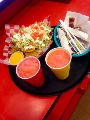 Cheese bang and frozen strawberry margaritas!