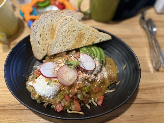 Carnitas Bowl with poached eggs and sourdough toast