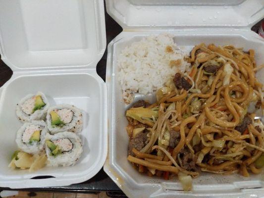 Beef noodle plate with a side of California rolls $18.  5/15/23